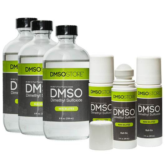 Selection of DMSO Store brand products including three 8 fl oz (236ml) bottles of 99.995% pure pharmaceutical grade non-diluted liquid dimethyl sulfoxide, and two 3 fl oz (89ml) roll-on applicator bottles of the same high-purity DMSO solution. All products feature green, black and white labeling clearly indicating the non-diluted dimethyl sulfoxide contents and pharma-grade quality.
