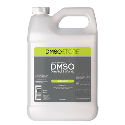 DMSO-liquid-99.995-back-pain-relief-gallon-plastic-dimethyl-sulfoxide.Plastic gallon jug with white twist on cap. Label reads 99.995% Pure Pharma Grade DMSO (Dimethyl Sulfoxide) 1 gallon. Front view of bottle.