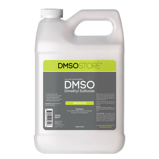 DMSO-liquid-99.995-back-pain-relief-gallon-plastic-dimethyl-sulfoxide.Plastic gallon jug with white twist on cap. Label reads 99.995% Pure Pharma Grade DMSO (Dimethyl Sulfoxide) 1 gallon. Front view of bottle.