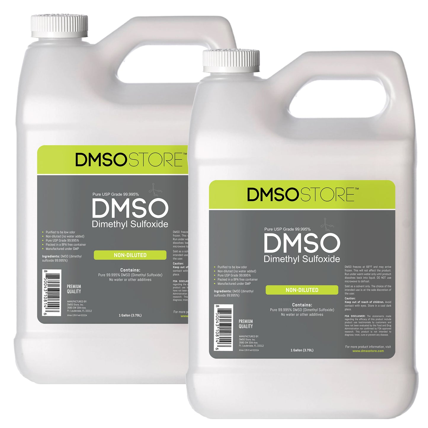 DMSO-liquid-99.995-buy-locally-2-gallon-non-diluted-dimethyl-sulfoxide. 2 Plastic gallon jugs with white twist on cap. Label reads 99.995% Pure Pharma Grade DMSO (Dimethyl Sulfoxide) 1 gallon. Front view of bottle.