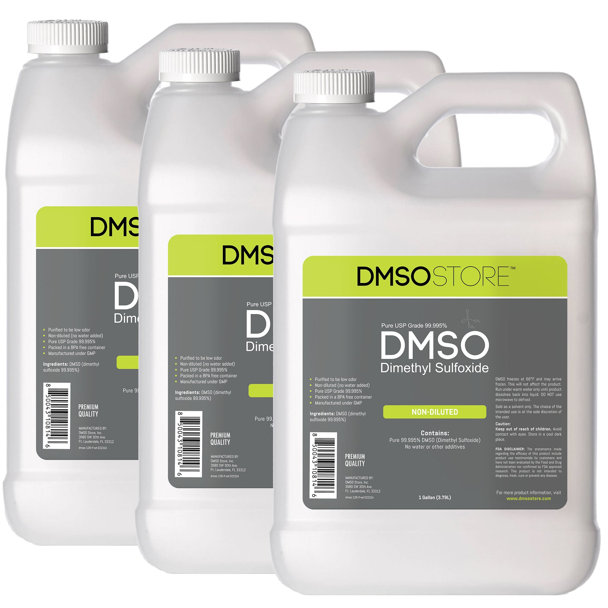 DMSO-liquid-99.995-natural-pain-relief-3-gallon-plastic-non-diluted-dimethyl-sulfoxide. 3 Plastic gallon jugs with white twist on cap. Label reads 99.995% Pure Pharma Grade DMSO (Dimethyl Sulfoxide) 1 gallon. Front view of bottle