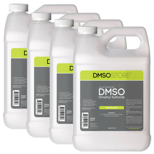 DMSO-liquid-99.995-pure-pharma-grade-4-gallon-plastic-non-diluted-dimethyl-sulfoxide. 4 Plastic gallon jugs with white twist on cap. Label reads 99.995% Pure Pharma Grade DMSO (Dimethyl Sulfoxide) 1 gallon. Front view of bottle.