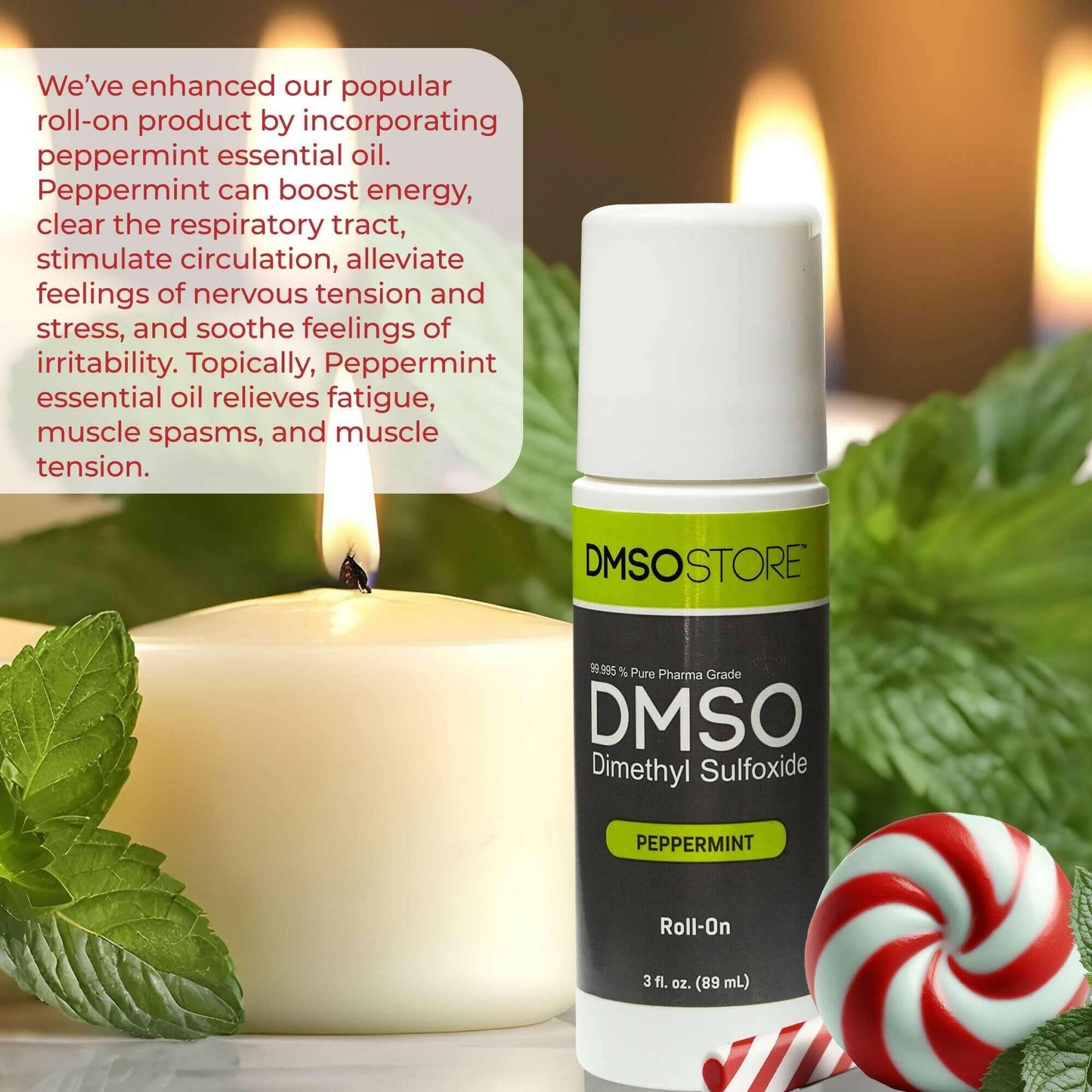 DMSOSTORE Peppermint DMSO Roll-On - Clarity and Freshness DMSO Peppermint Roll-On with Candle and Leaves - Energy and Stress Relief