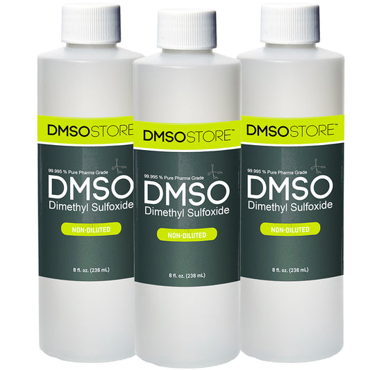 Three bottles of 99.995% pure pharmaceutical grade non-diluted DMSO (dimethyl sulfoxide) liquid, each containing 8 fl oz (236 ml), with white BPA Free plastic bottles and green, yellow and black labeling from DMSO Store brand.