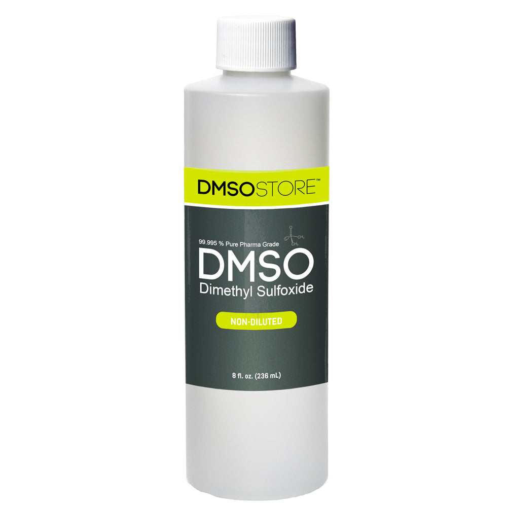 one bottle of 99.995% pure pharmaceutical grade non-diluted DMSO (dimethyl sulfoxide) liquid, each containing 8 fl oz (236 ml), with white BPA Free plastic bottles and green, yellow and black labeling from DMSO Store brand.