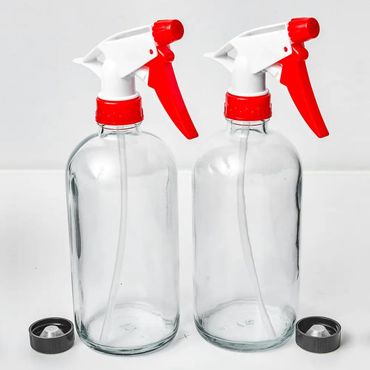 2 reusable clear glass bottle with red adjustable trigger spray