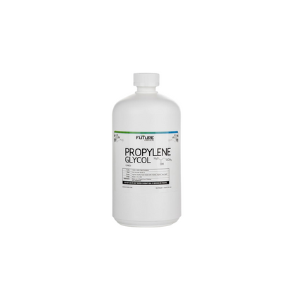 white 1 quart (32 oz) bottle with white screw on cap. Label reads "Propylene glycol"