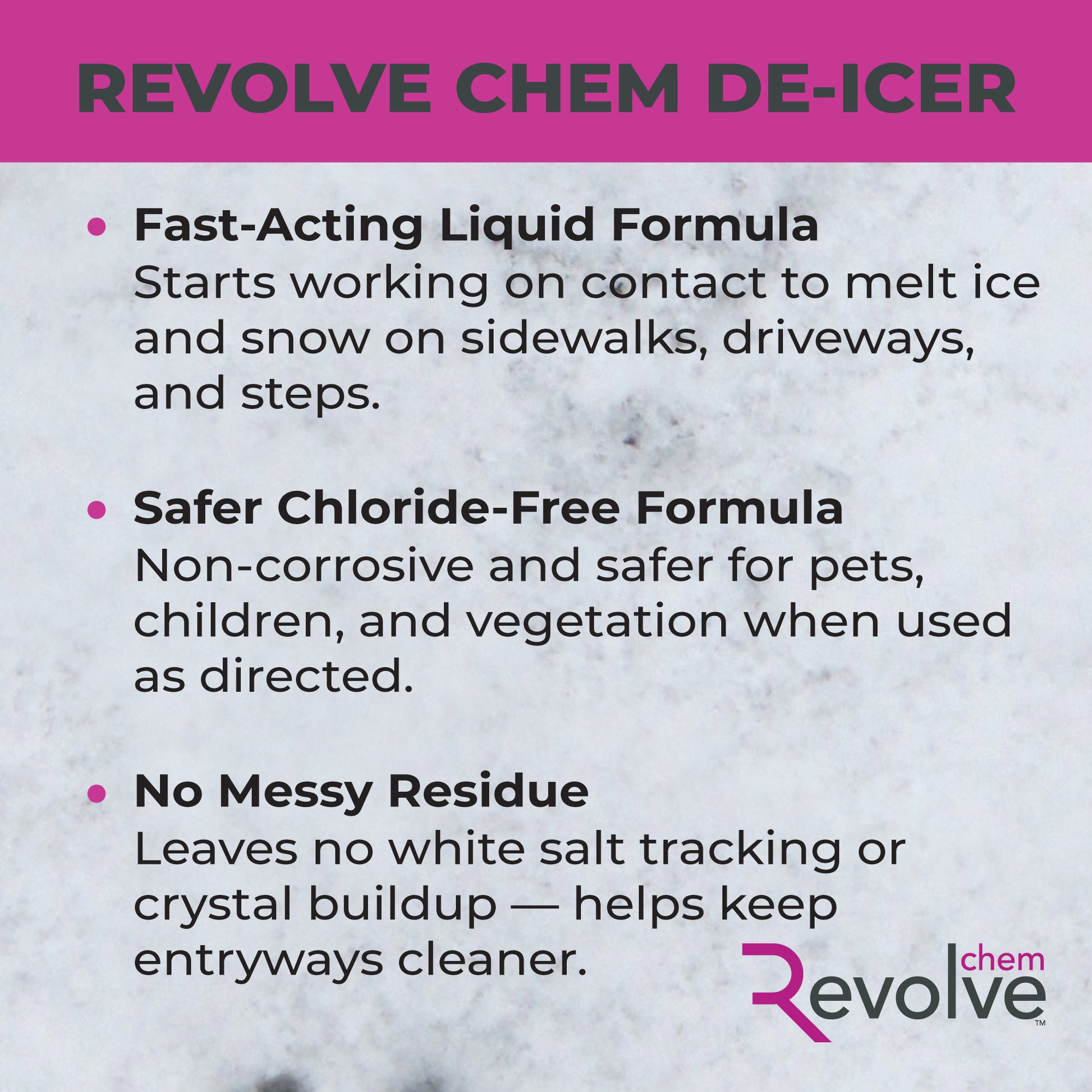 Card: Revolve Chem de-icer, with text about its features on a snowy background.