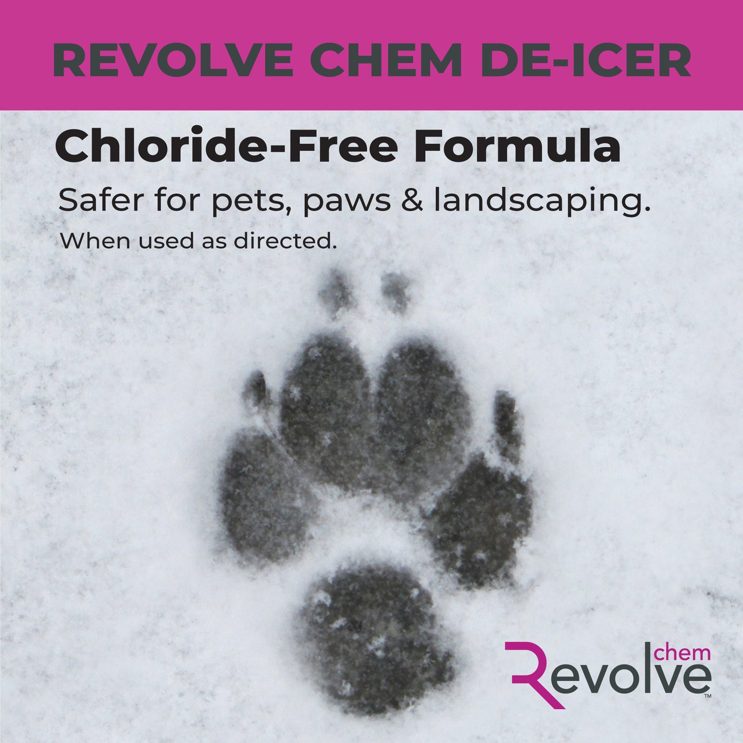 Revolve Chem card de-icer with a paw-print in snow and the product name on a pink-and-gray background.