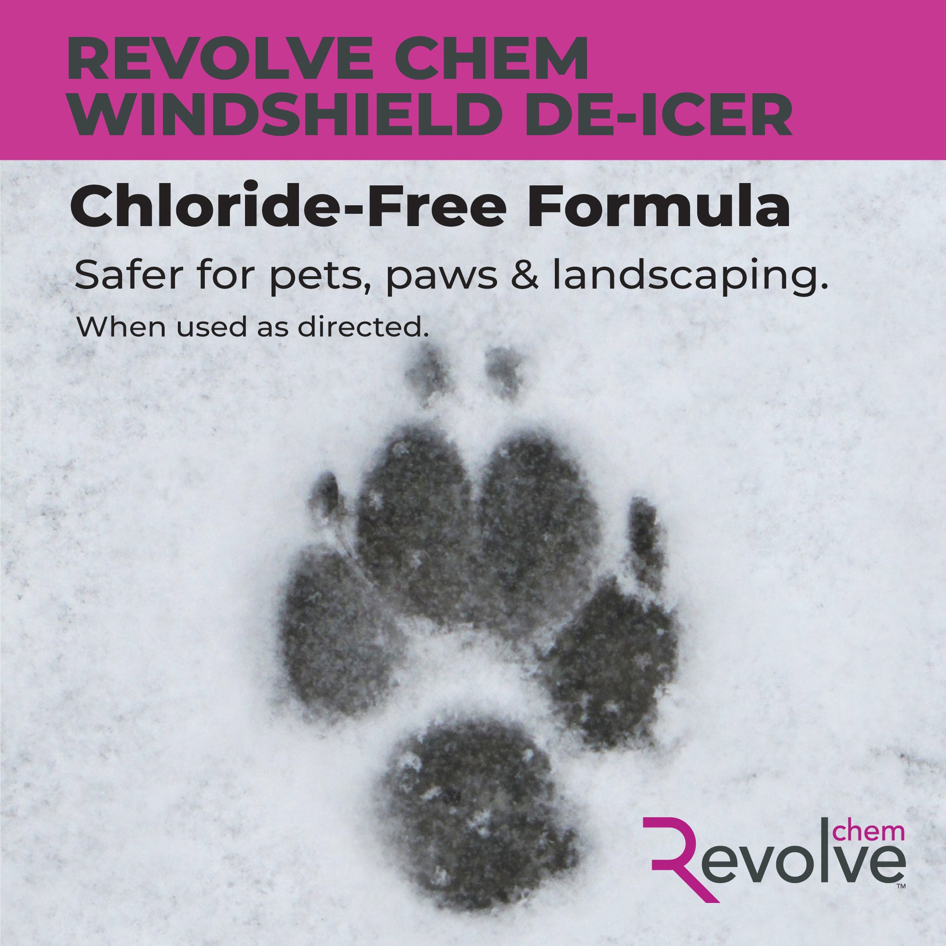 Revolve Chem Windshield De-Icer with a paw print in snow 
