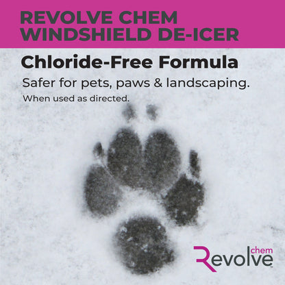 Revolve Chem Windshield De-Icer with a paw print in snow 
