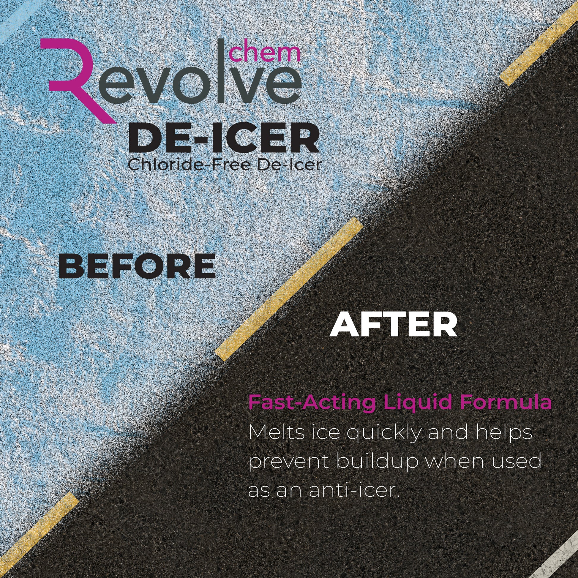 Card for Revolve DE-ICER showing a before and after effect on ice.