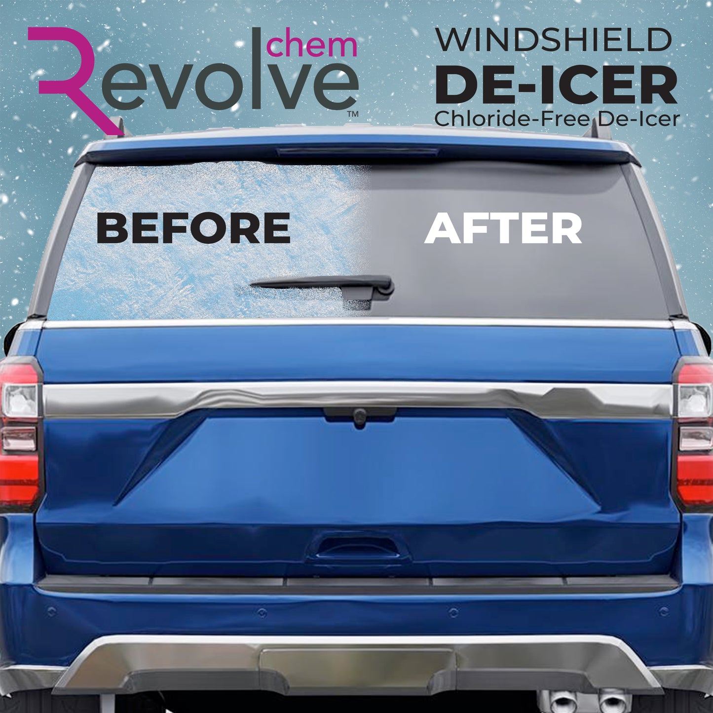 Blue SUV with 'Before' and 'After' comparison of windshield de-icer application, featuring Revolve chem brand.