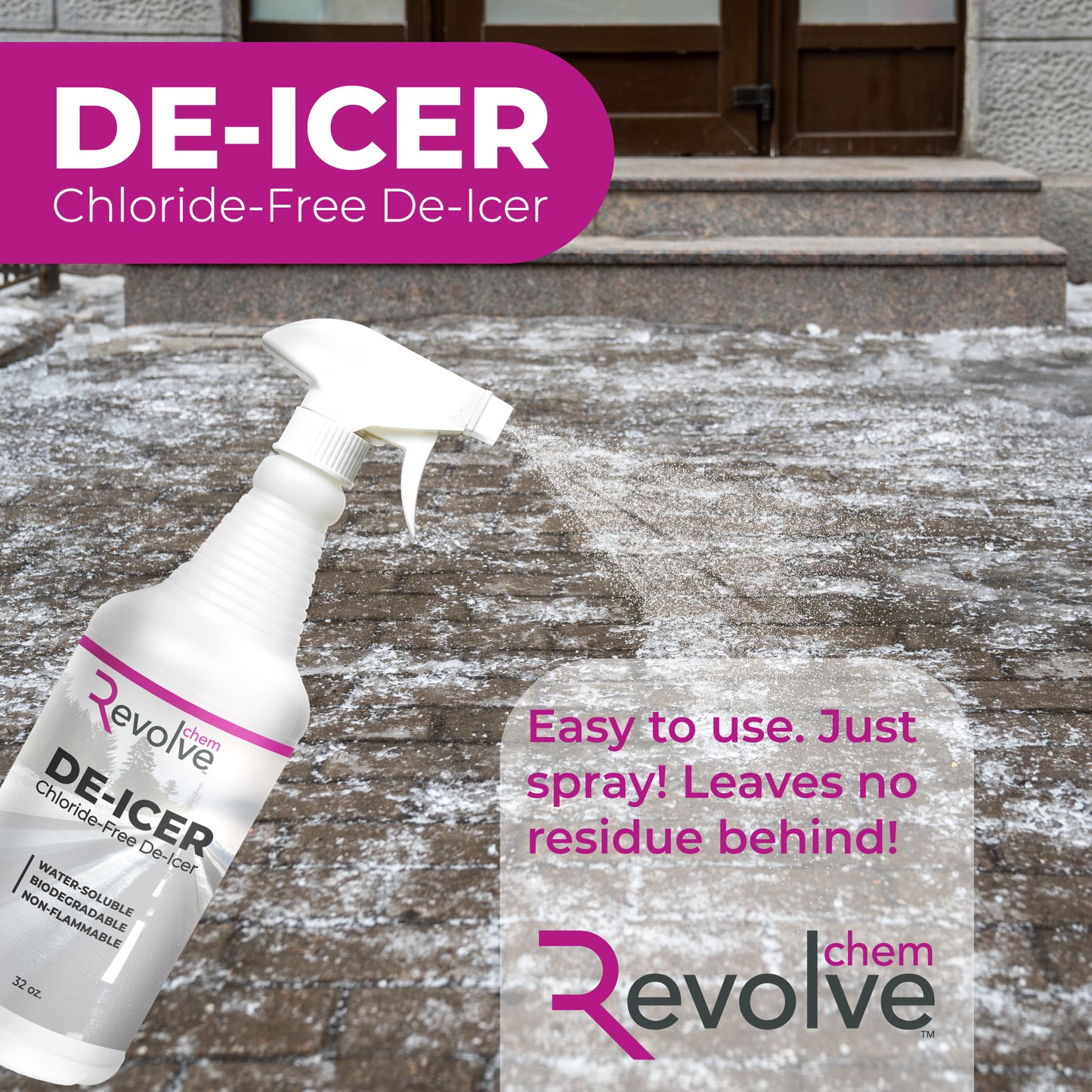Revolve DE-ICER spray bottle on a snowy step with promotional text.