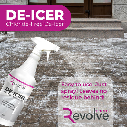 Revolve DE-ICER spray bottle on a snowy step with promotional text.