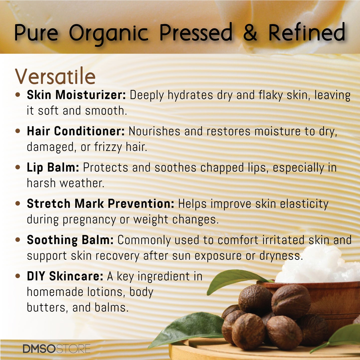 Promotional text about pure organic pressed and refined products with a bowl of nuts and leaves on a striped background. DMSO Store 