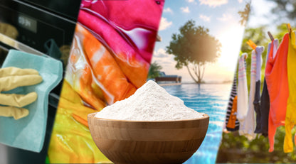 A bowl of white sodium carbonate powder sits in the foreground with colorful pool floats, cleaning supplies, and a tropical beach scene in the background, showcasing the versatile uses of soda ash for pool maintenance, cleaning, and other purposes.