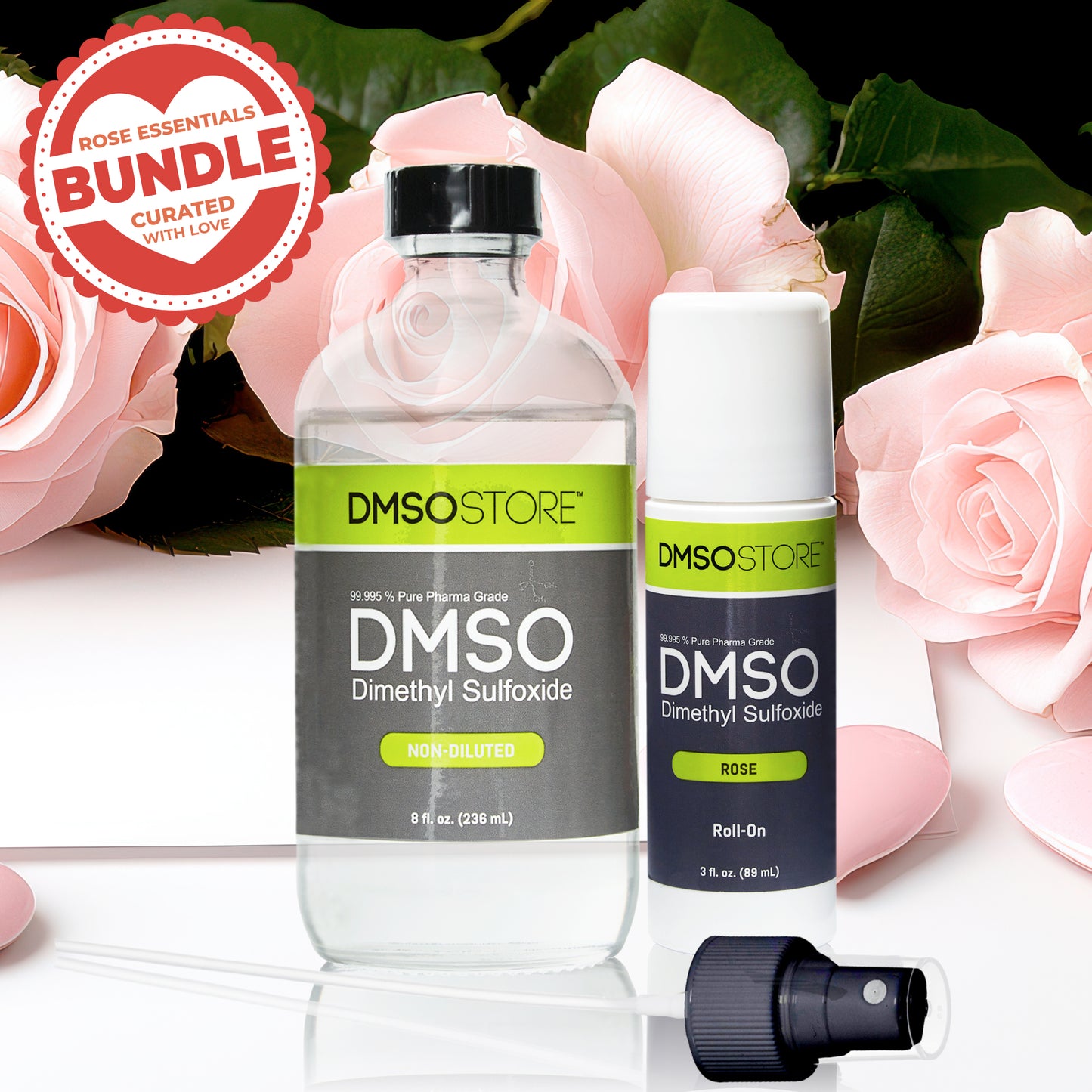 DMSO products with flowers in the background, featuring a 'Rose Essentials Bundle' label.