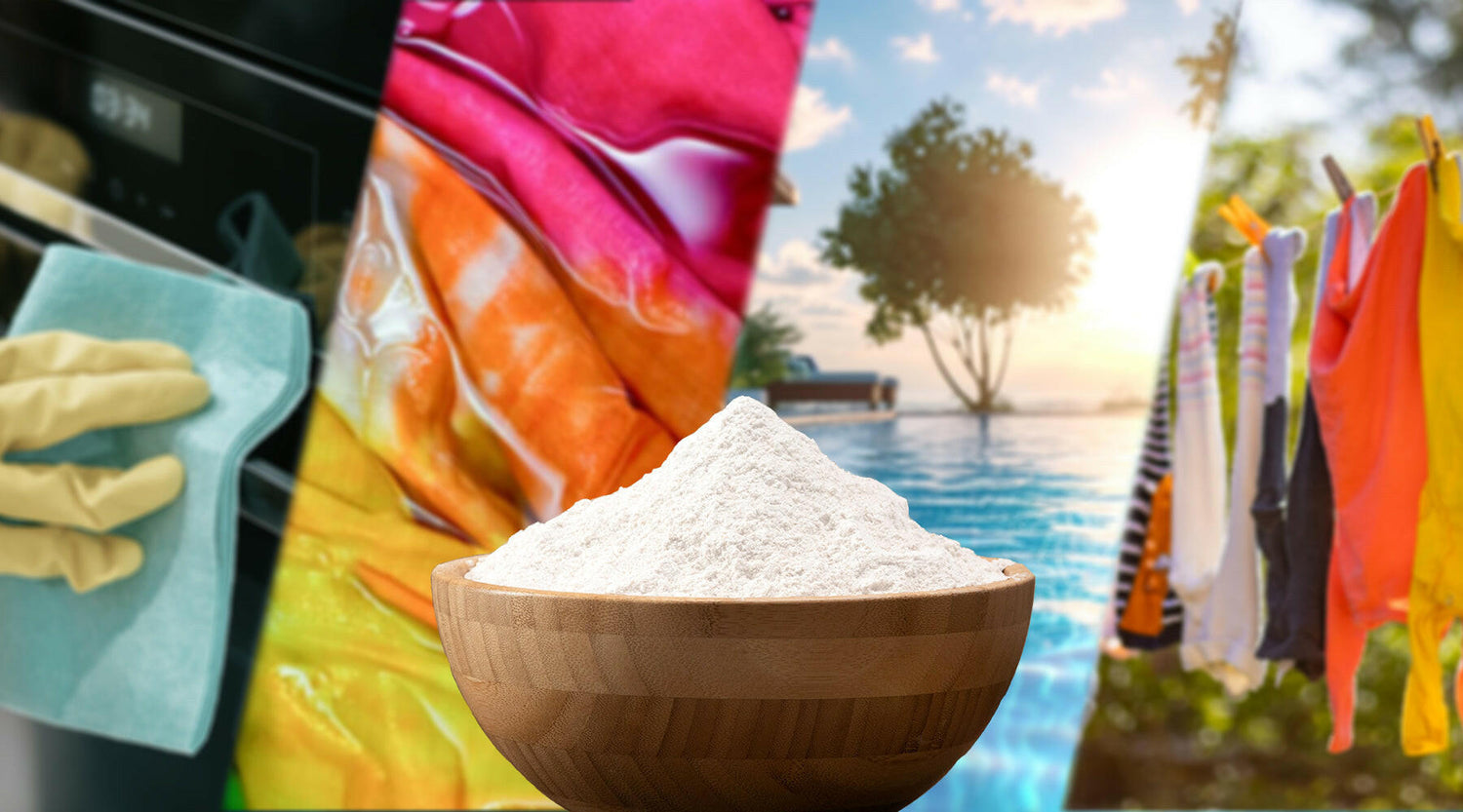 A bowl of white sodium carbonate powder sits in the foreground with colorful pool floats, cleaning supplies, and a tropical beach scene in the background, showcasing the versatile uses of soda ash for pool maintenance, cleaning, and other purposes. dont know where to buy sodium carbonate? Shop DMSO Store