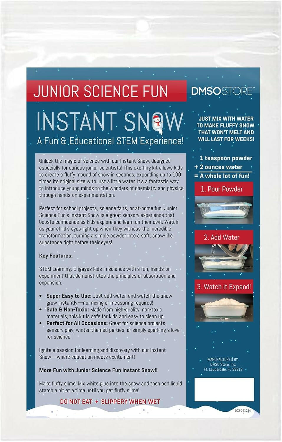 Junior Science Fun Instant Snow Powder, 8 oz, Makes 4 Gallons of Snow, STEM Experiment