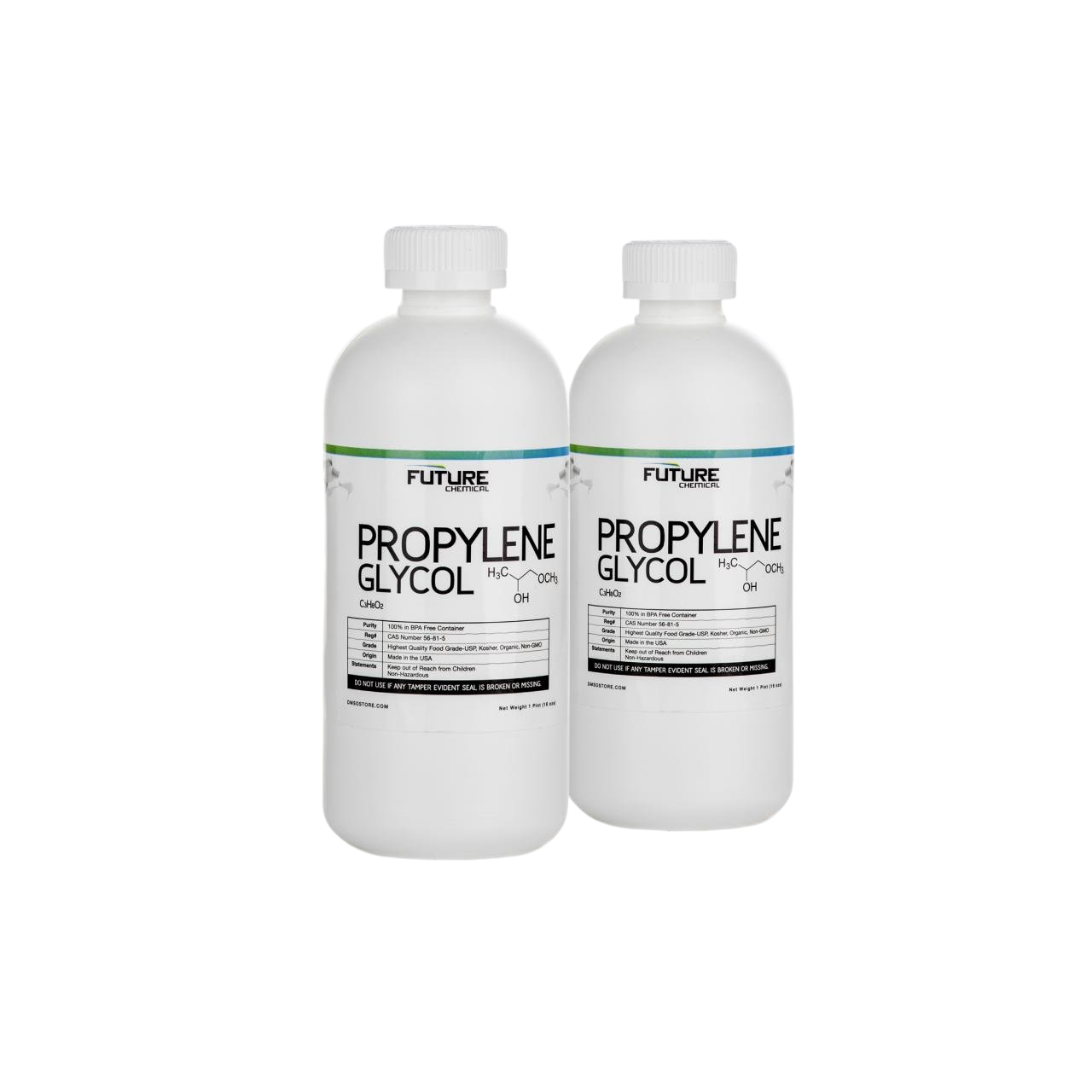 Two Pint Bottles (32 oz) with white screw on lid. Label reads "propylene glycol"