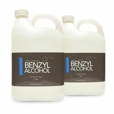 2 Clear plastic gallon bottles with a white plastic twist off cap. Label reads "Benzyl Alcohol non hazardous liquid"