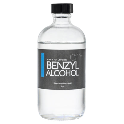 Clear glass bottle with a black plastic twist off cap. Label reads "Benzyl Alcohol non hazardous liquid" 8 oz