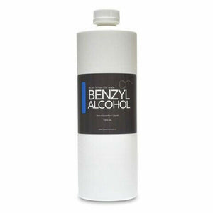 Clear plastic cylindrical bottle with a white plastic twist off cap. Label reads "Benzyl Alcohol non hazardous liquid"