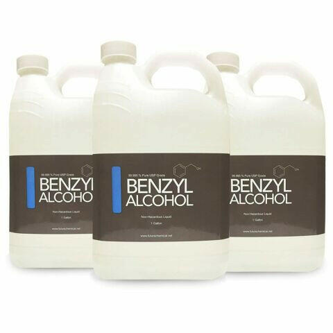 3 Clear plastic gallon bottles with a white plastic twist off cap. Label reads "Benzyl Alcohol non hazardous liquid"