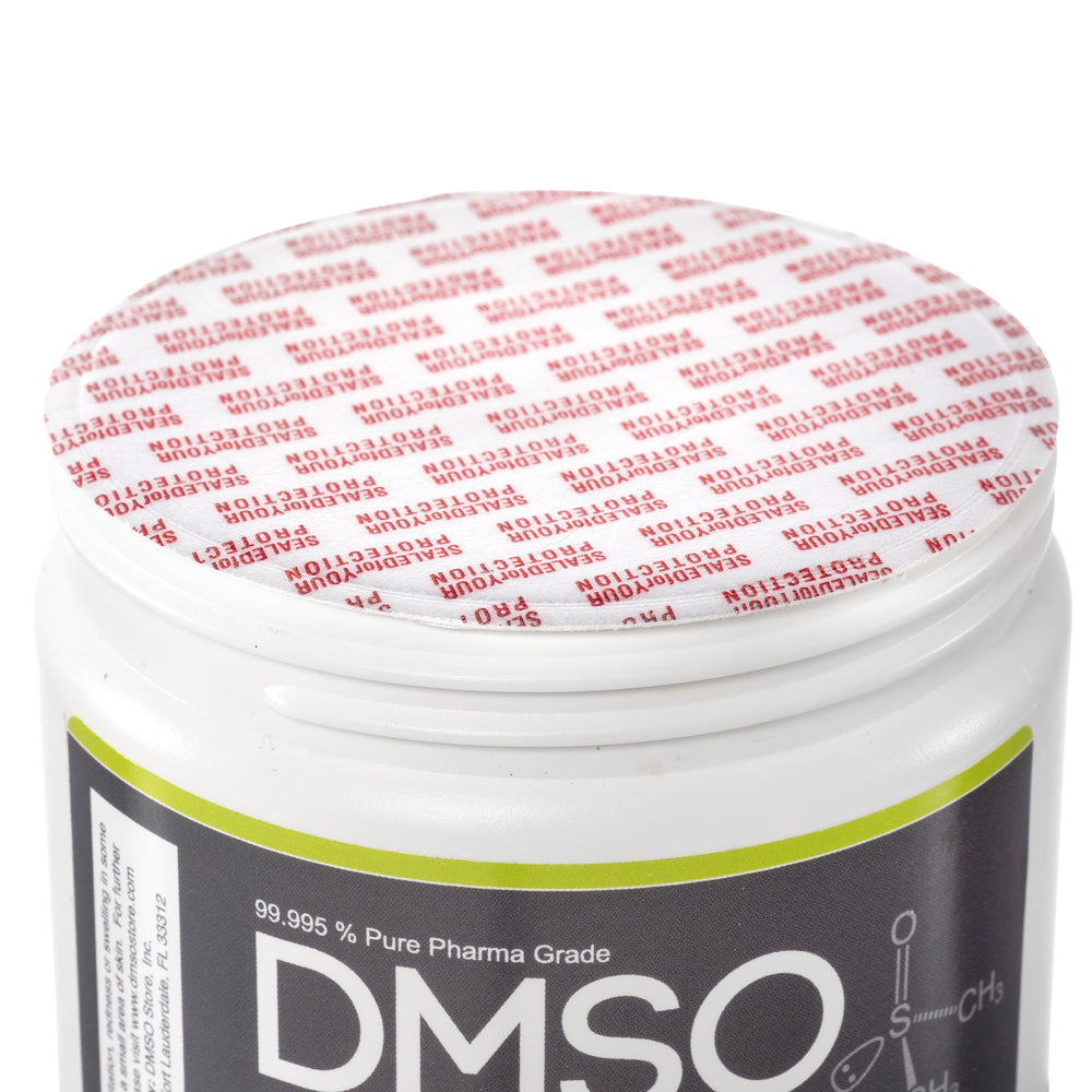 DMSO-70-30-water-gel-anti-inflammatory-pain-solvent-16-oz-sealed-dimethyl-sulfoxide. Close up of protective seal that contains the contents of the jar underneath the cap. Seal reads "sealed for your protection"