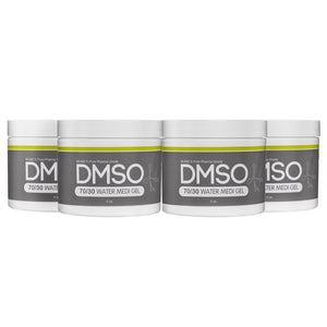 DMSO-70-30-water-gel-back-pain-solvent-4-oz-4-pack-dimethyl-sulfoxide. 4 White 4 oz jars with white twist on lid. Label reads 99.995% Pure pharma grade DMSO 70/30 water Medi Gel 4 oz