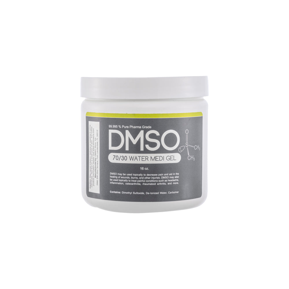 DMSO-70-30-water-gel-best-buy-pain-solvent-16-oz-dimethyl-sulfoxide. White 16 oz jar with white twist on lid. Label reads 99.995% Pure pharma grade DMSO 70/30 water medi Gel 16 oz DMSO may be used topically to decrease pain and aid in the healing of wounds, burns and other injuries. DMSO may also be used topically to treat painful conditions such as headache, inflammation, osteoarthritis, rheumatoid arthritis and more. Contains Dimethyl sulfoxide, carbomer.