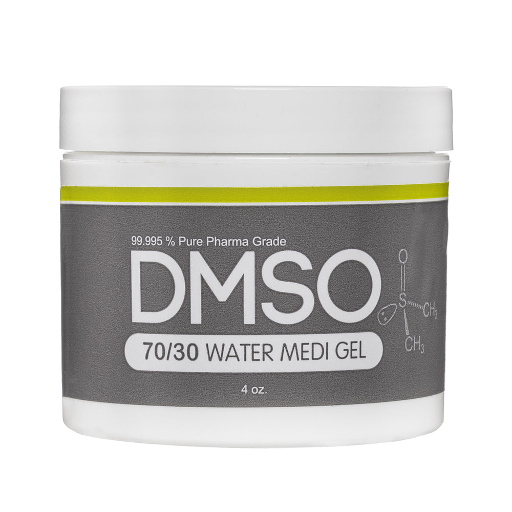 DMSO-70-30-water-gel-buy-best-pain-solvent-4-oz-dimethyl-sulfoxide. White 4 oz jar with white twist on lid. Label reads 99.995% Pure pharma grade DMSO 70/30 water medi Gel 4 oz