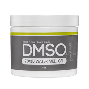 DMSO-70-30-water-gel-buy-best-pain-solvent-4-oz-dimethyl-sulfoxide. White 4 oz jar with white twist on lid. Label reads 99.995% Pure pharma grade DMSO 70/30 water medi Gel 4 oz