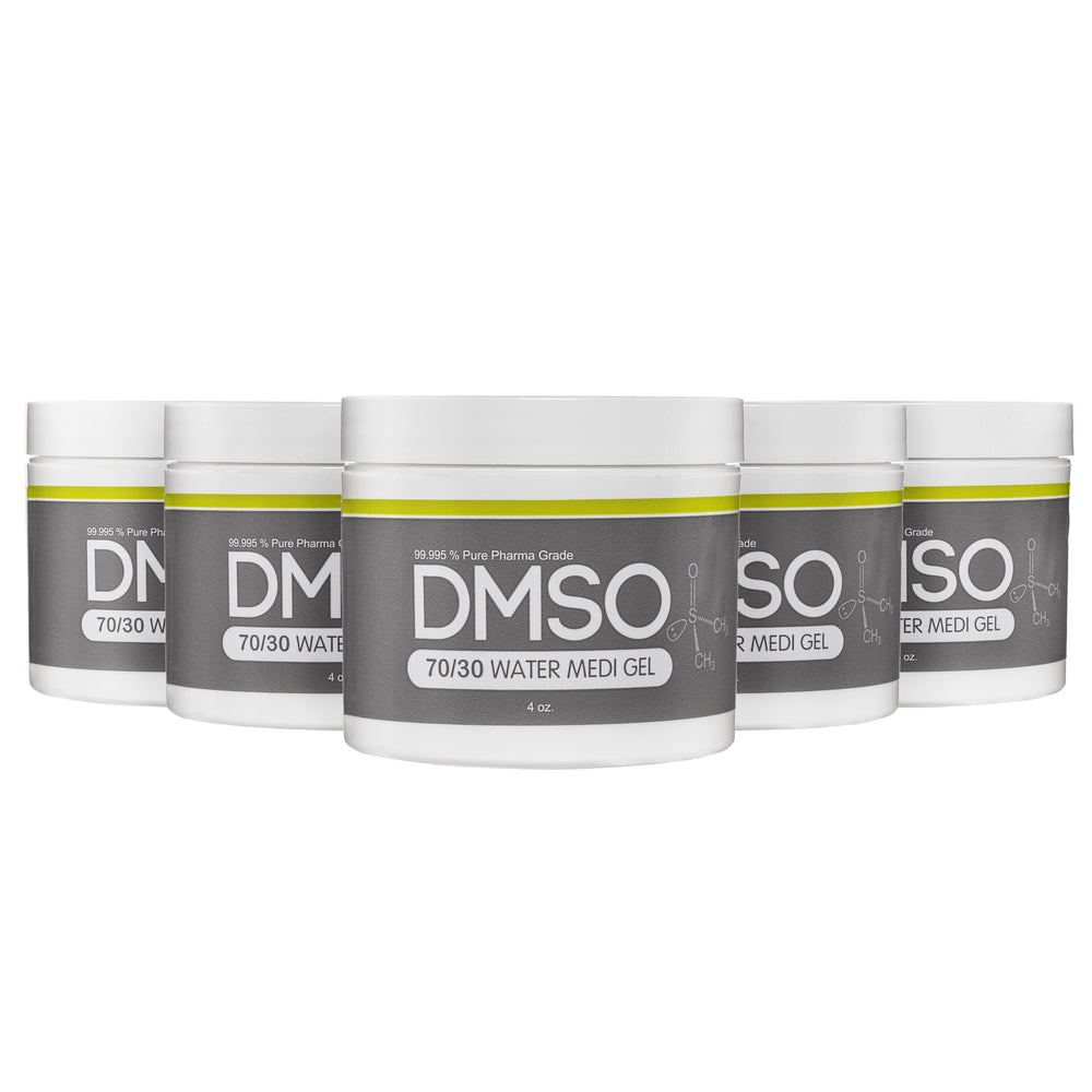DMSO-70-30-water-gel-knee-pain-solvent-4-oz-5-pack-dimethyl-sulfoxide. 3 White 4 oz jar with white twist on lid. Label reads 99.995% Pure pharma grade DMSO 70/30 water medi Gel 4 oz