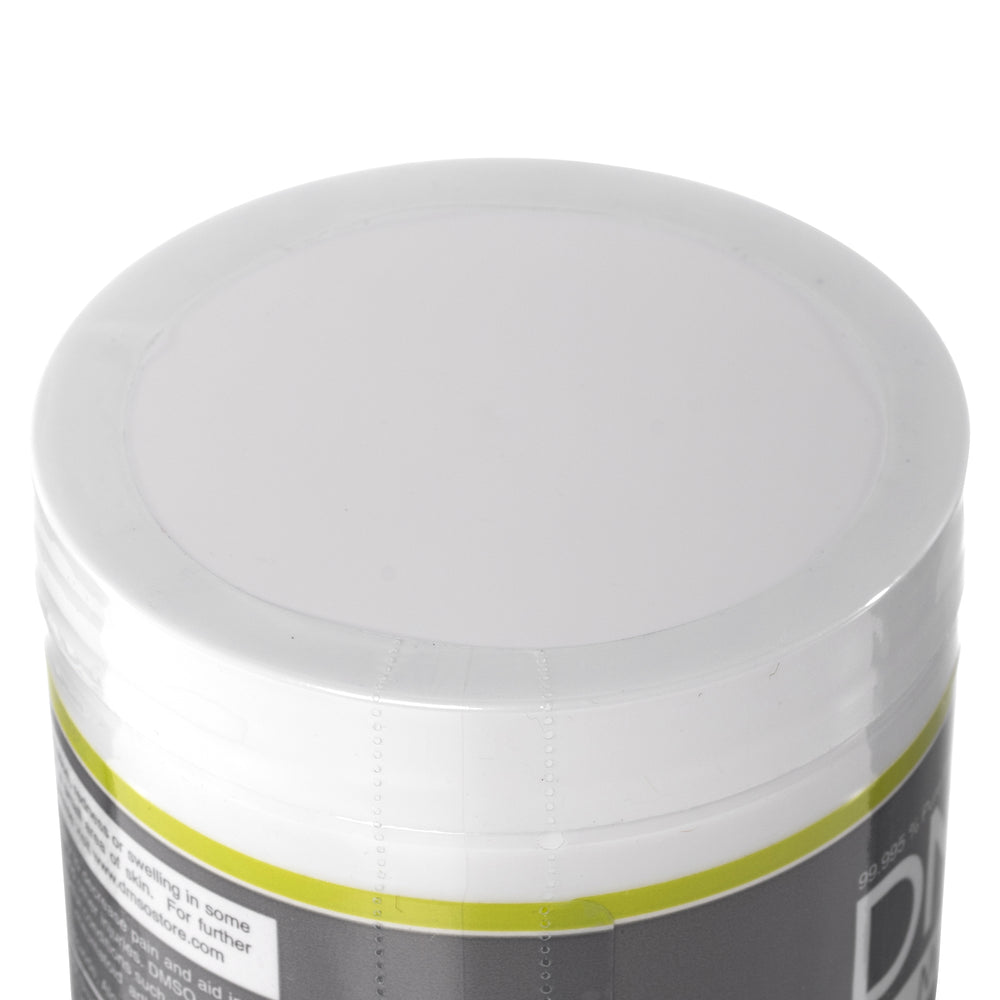 DMSO-70-30-water-gel-natural-pain-relief-solvent-4-oz-sealed-open-dimethyl-sulfoxide. Close up of twist off white cap on 4 oz white jar of DMSO 70/30 water medi gel.