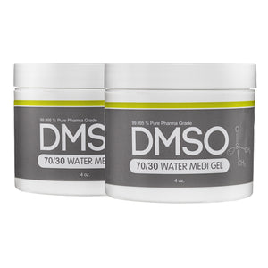 DMSO-70-30-water-gel-pain-best-near-me-solvent-4-oz-2-pack-dimethyl-sulfoxide. 2 White 4 oz jars with white twist on lid. Label reads 99.995% Pure pharma grade DMSO water Medi Gel 4 oz