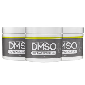 DMSO-70-30-water-gel-pain-for-sale-buy-solvent-4-oz-3-pack-dimethyl-sulfoxide. 3 White 4 oz jars with white twist on lid. Label reads 99.995% Pure pharma grade DMSO70/30 water Medi Gel 4 oz. 
