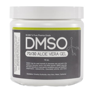 White 16 oz jar with white twist on lid. Label reads 99.995% Pure pharma grade DMSO 70/30 Aloe vera Gel 16 oz DMSO may be used topically to decrease pain and aid in the healing of wounds, burns and other injuries. DMSO may also be used topically to treat painful conditions such as headache, inflammation, osteoarthritis, rheumatoid arthritis and more. Contains Dimethyl sulfoxide, carbomer.