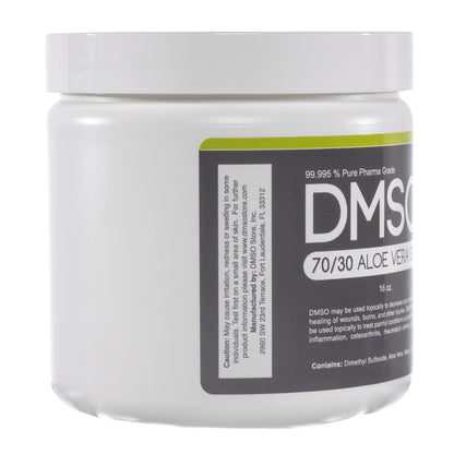 White 16 oz jar with white twist on lid. Label reads 99.995% Pure pharma grade DMSO 70/30 Aloe vera Gel 16 oz DMSO may be used topically to decrease pain and aid in the healing of wounds, burns and other injuries. DMSO may also be used topically to treat painful conditions such as headache, inflammation, osteoarthritis, rheumatoid arthritis and more. Contains Dimethyl sulfoxide, carbomer. Side view