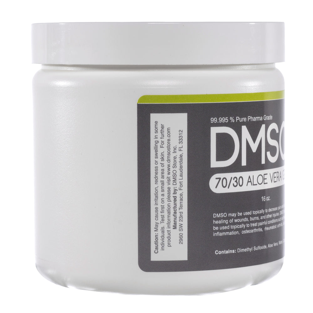 White 16 oz jar with white twist on lid. Label reads 99.995% Pure pharma grade DMSO 70/30 Aloe vera Gel 16 oz DMSO may be used topically to decrease pain and aid in the healing of wounds, burns and other injuries. DMSO may also be used topically to treat painful conditions such as headache, inflammation, osteoarthritis, rheumatoid arthritis and more. Contains Dimethyl sulfoxide, carbomer. Side view