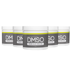 DMSO-aloe-Gel-dimethyl-sulfoxide-acne-relief-70-30-4-oz-5-pack. 5 White 4 oz jars with white twist on lid. Label reads 99.995% Pure pharma grade DMSO 70/30 Aloe vera Gel 4 oz