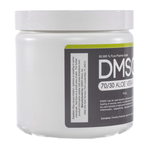 DMSO-aloe-Gel-dimethyl-sulfoxide-best-pharma-grade-70-30-16-oz-side. Side view of White 16 oz jar with white twist on lid. Label reads 99.995% Pure pharma grade DMSO 70/30 Aloe Vera Gel 16 oz DMSO may be used topically to decrease pain and aid in the healing of wounds, burns and other injuries. DMSO may also be used topically to treat painful conditions such as headache, inflammation, osteoarthritis, rheumatoid arthritis and more. Contains Dimethyl sulfoxide, carbomer.