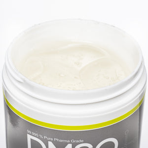 DMSO-aloe-Gel-dimethyl-sulfoxide-for-sale-locally-70-30-4-oz-OPEN. Opened view of the 16 oz 70/30 Water medi gel jar. Contents revealed is the 70/30 Aloe Vera gel product.