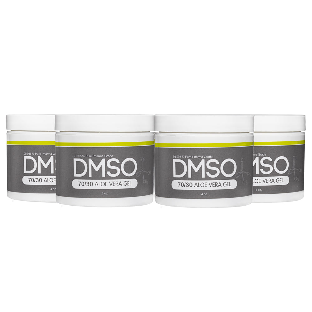 DMSO-aloe-Gel-dimethyl-sulfoxide-natural-relief-70-30-4-oz-4-pack. 4 White 4 oz jars with white twist on lid. Label reads 99.995% Pure pharma grade DMSO 70/30 Aloe vera Gel 4 oz