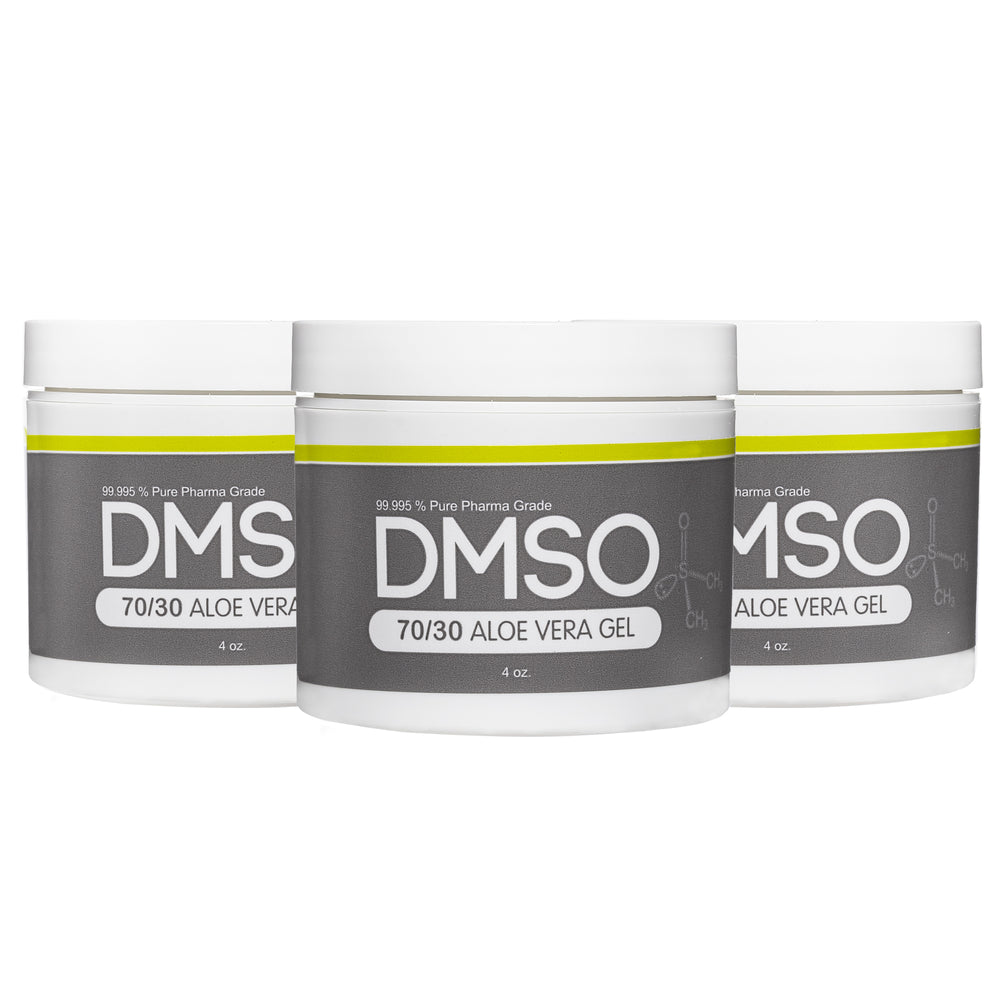 DMSO-aloe-Gel-dimethyl-sulfoxide-organic-buy-70-30-4-oz-3-pack. 3 White 4 oz jar with white twist on lid. Label reads 99.995% Pure pharma grade DMSO 70/30 Aloe vera Gel 4 oz