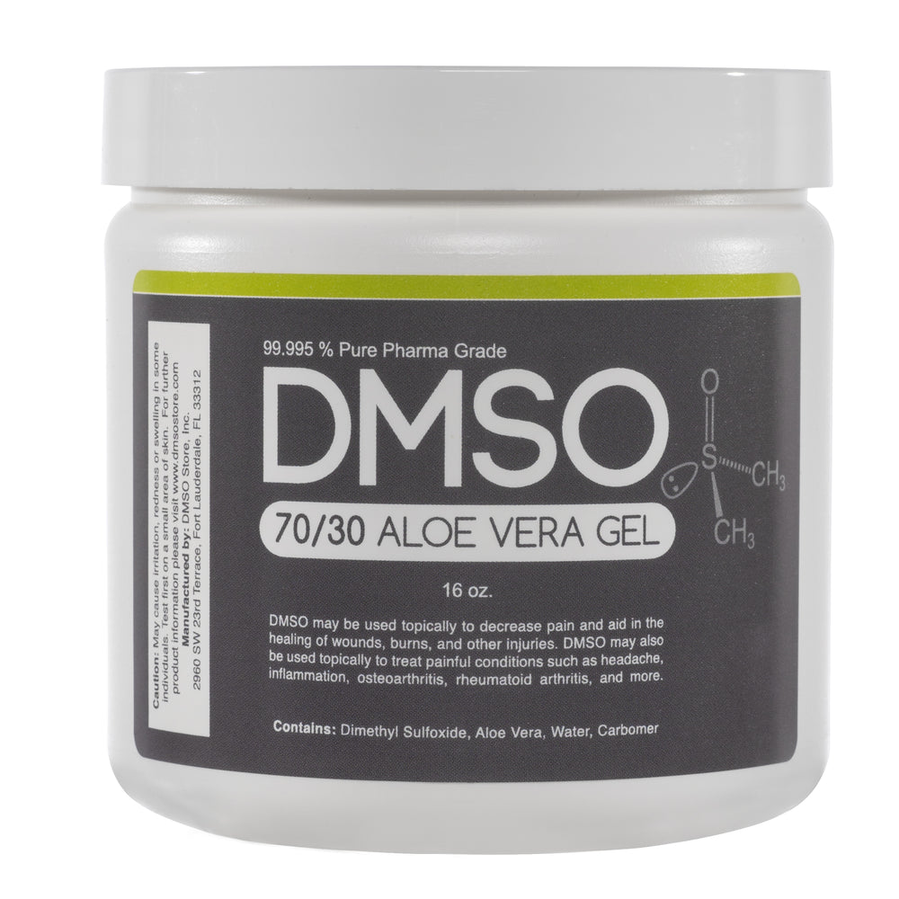DMSO-aloe-Gel-dimethyl-sulfoxide-organic-pain-relief-70-30-16-oz. White 16 oz jar with white twist on lid. Label reads 99.995% Pure pharma grade DMSO 70/30 Aloe Vera Gel 16 oz DMSO may be used topically to decrease pain and aid in the healing of wounds, burns and other injuries. DMSO may also be used topically to treat painful conditions such as headache, inflammation, osteoarthritis, rheumatoid arthritis and more. Contains Dimethyl sulfoxide, carbomer.