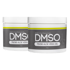 DMSO-aloe-Gel-dimethyl-sulfoxide-pharma-grade-70-30-4-oz-2-pack. White 4 oz jar with white twist on lid. Label reads 99.995% Pure pharma grade DMSO 70/30 Aloe vera Gel 4 oz