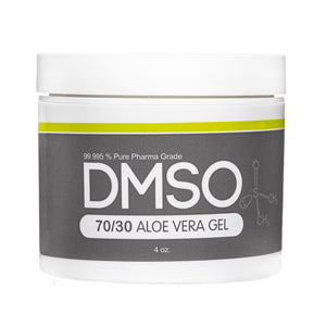 DMSO-aloe-Gel-dimethyl-sulfoxide-pure-buy-70-30-4-oz. White 4 oz jar with white twist on lid. Label reads 99.995% Pure pharma grade DMSO 70/30 Aloe Vera Gel  Gel 4 oz