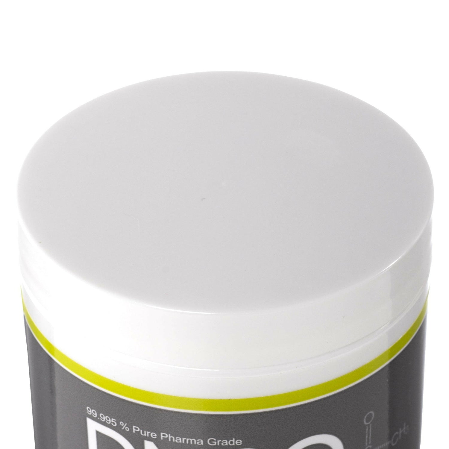 DMSO-gel-99.995-pure-dimethyl-sulfoxide-acne-pain-lid. Close up of twist off white cap on 4oz white jar of DMSO medi gel.